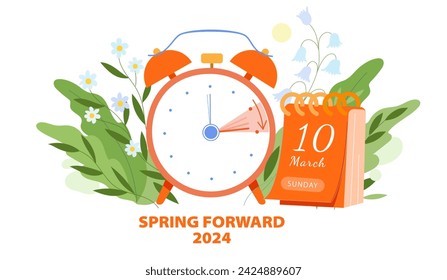 Daylight Saving Time Begins concept. Vector illustration of clock and calendar date of changing time in march 10, 2024 with spring flowers decoration. Spring Forward Time illustration banner
