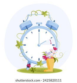 Daylight saving time begins concept. Spring forward. Vector illustration of clock with rubber boots and spring flowers decoration. 