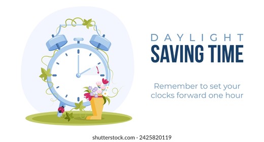 Daylight saving time begins concept. Spring forward web banner. Vector illustration of clock with rubber boots and spring flowers decoration. 