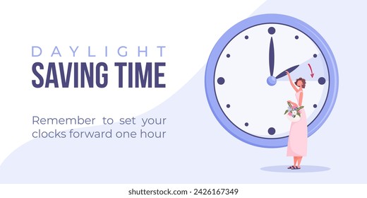 Daylight saving time begins concept. Spring forward banner, poster. Vector illustration with woman turning clock hour ahead, woman with flowers in bag.