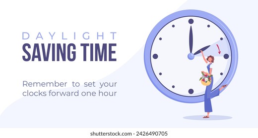 Daylight saving time begins concept. Spring forward web banner, poster. Vector illustration with brunette woman turning clock hour ahead, woman with flowers in bag.