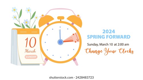 Daylight Saving Time Begins concept. Vector illustration of clock and calendar date of changing time at sunday, march 10, 2024 with spring flowers decoration. Spring Forward Time illustration banner
