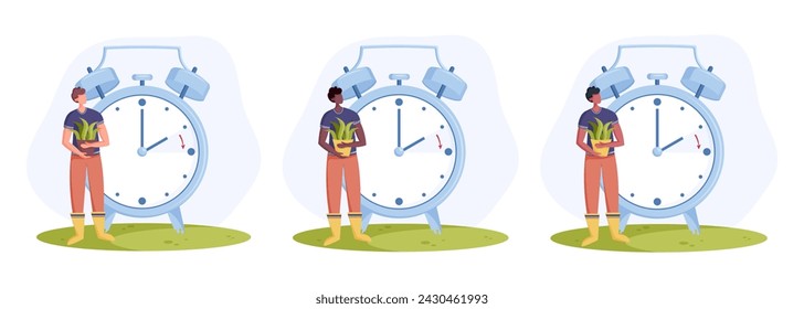 Daylight saving time begins concept. Spring forward vector illustration set. Flat style clock and diverse ethnicity men with pot of flower in hands.