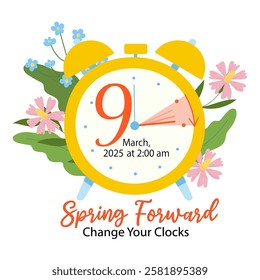 Daylight Saving Time Begins concept. Spring Forward Time banner with clocks moved forward one hour. Banner with calendar date for Canada and USA at march 9, 2025