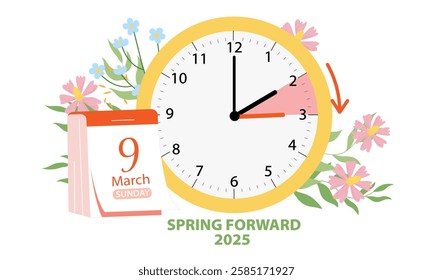 Daylight Saving Time Begins concept. Vector illustration of clock and calendar date of changing time in march 9, 2025 with spring flowers decoration. Spring Forward Time illustration banner