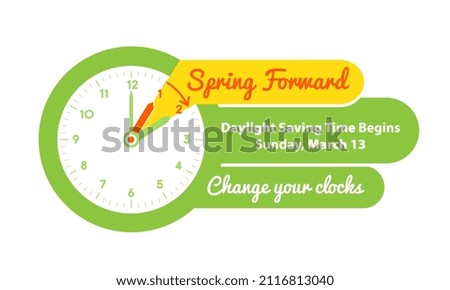 Daylight Saving Time Begins concept. Web Banner Reminder with date of Spring Forward Time Sunday, March 13, 2022. Vector Illustration with instructions to Change Clocks Forward One Hour
