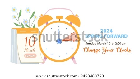 Daylight Saving Time Begins concept. Vector illustration of clock and calendar date of changing time at sunday, march 10, 2024 with spring flowers decoration. Spring Forward Time illustration banner
