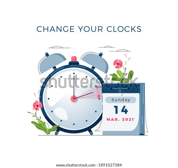 Daylight Saving Time begins concept. The\
clocks moves forward one hour. Calendar with marked date, text\
Change your clocks. DST begins in USA for banner, web, emailing.\
Flat design vector\
illustration