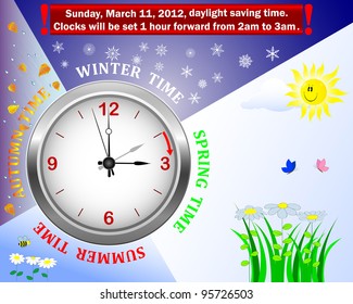 Daylight saving time begins. Icon Clock with four seasons of the year. Vector illustration.
