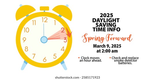 Daylight saving time begins at march 9, 2025 banner. Spring Forward Time. Simple banner with alarm clock and info about changing time. Clock change forward one hour. Reminder schedule. USA and Canada