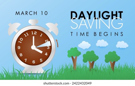 Daylight Saving Time begins Observed every year of March, Daylight Concept Vector banner, flyer, poster and social medial template design.