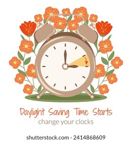El horario de verano comienza el afiche. Reloj de alarma con puntos de mano hacia adelante. El DST empieza en Estados Unidos con flores profundas. Diseño floral plano en verano. Salte hacia adelante, ponga los relojes por delante una hora.