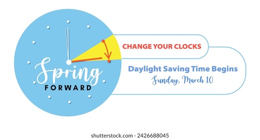 Daylight Saving Time Begins. Spring Forward Time in March 10, 2024 Web Banner Reminder. Vector illustration with clocks turning to an hour ahead