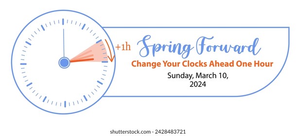 Daylight Saving Time Begins. Spring Forward Time in March 10, 2024 Web Banner Reminder. Vector illustration with clocks turning to an hour ahead