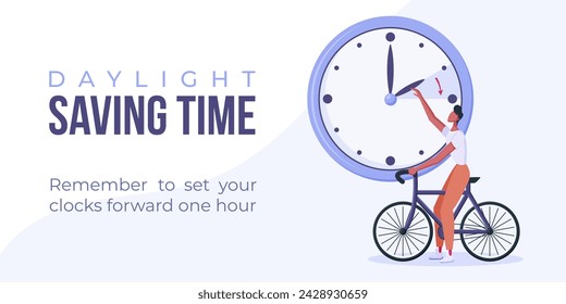Daylight saving time begins. Spring forward web banner, poster. Vector illustration with man turning clock hour ahead, man on bicycle.