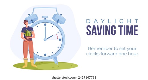 Daylight saving time begins. Spring forward web banner, poster. Vector illustration with alarm clock in minimalist style and man with pot of flower in hands in flat style.