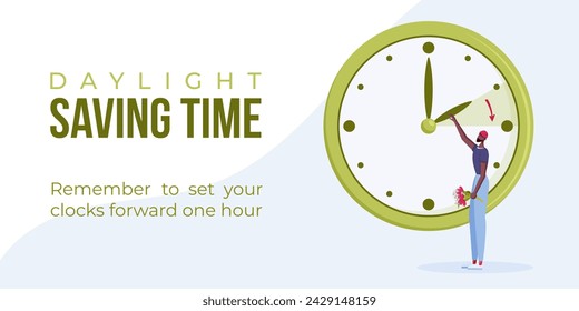Daylight saving time begins. Spring forward web banner, poster. Vector illustration with american african man with bouquet of flowers in hand turning clock hour ahead.