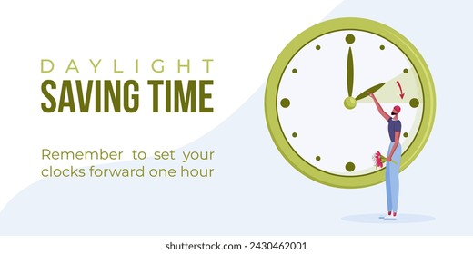 Beginn der Sommerzeit. Spring Forward Web Banner, Poster. Vektor-Illustration mit Indianer-Mann mit Blumenstrauß in der Hand, die Uhr vor sich dreht.