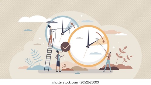 Daylight saving time and change clock to one hour back tiny person concept. Fall back and turn spring forward season switch reminder scene vector illustration. Wintertime and summertime watch settings