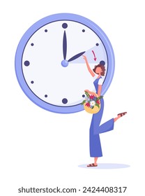 Daylight saving time and clock change to one hour ahead concept. Spring forvard flat style vector illustration with happy girl with flowers changing time.