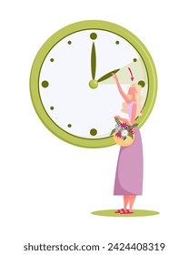 Daylight saving time and clock change to one hour ahead concept. Spring forvard flat style vector illustration with happy girl with flowers changing time.