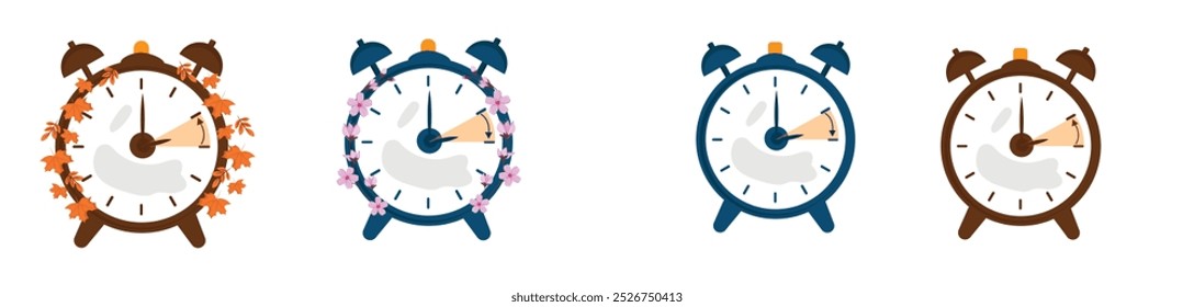 Conjunto de iconos de cambio de reloj de horario de verano. Primavera hacia adelante, caída hacia atrás iconos de polvo Ilustración vectorial