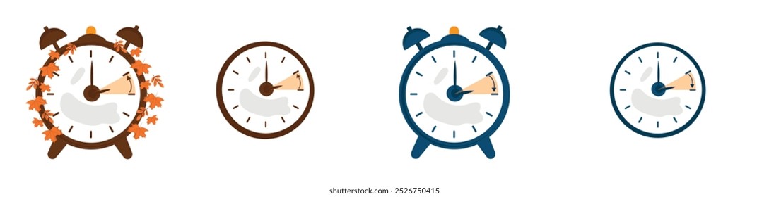 Conjunto de iconos de cambio de reloj de horario de verano. Primavera hacia adelante, caída hacia atrás iconos de polvo Ilustración vectorial