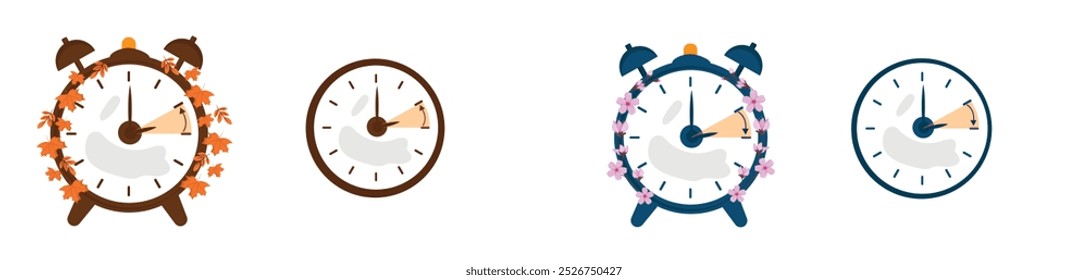 Conjunto de iconos de cambio de reloj de horario de verano. Primavera hacia adelante, caída hacia atrás iconos de polvo Ilustración vectorial