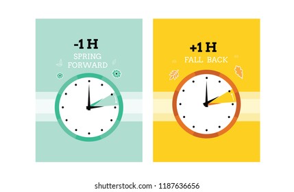 Daylight Saving Time. Clock. Time. Fall Back And Spring Forward. Cute Vector Cards.