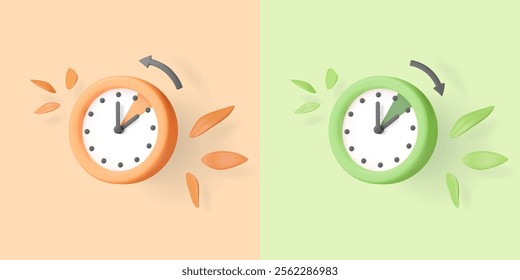 Daylight saving time clock set. 3D watches with season leaves and arrows. Springtime, summertime, autumn time change reminder. Cartoon elements. Calendar date. Vector illustration.