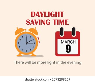 Daylight saving time. Clock set to an hour ahead March 9. Concept of Spring Forward, Summer Time.