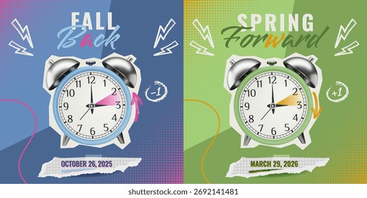 Collage de horario de verano con reloj despertador 3D. Fall Back 2025 y Spring Forward 2026. Conjunto de Vector en colores verde y azul