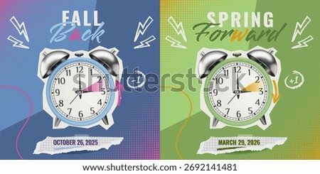Daylight Saving Time collage with 3D alarm clock. Fall Back 2025 and Spring Forward 2026. Vector set in green and blue colors