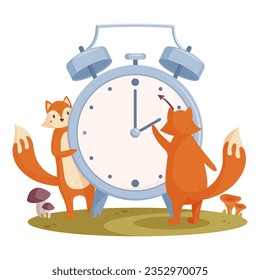 Concepto de horario de verano. Paisaje otoñal con zorros, la mano de los relojes girando a la época invernal. Ilustración vectorial al estilo de las caricaturas modernas.