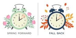 Daylight Saving Time Concept Banner. Spring Forward And Fall Back Time.  Allarm Clock With Flowers And Leaves. Vector Illustration