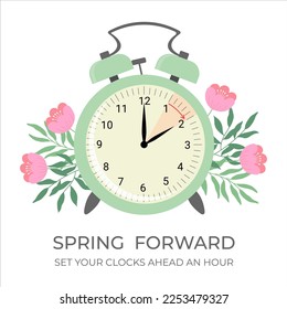 Daylight saving time concept banner. Spring forward time. Allarm clock with flowers and leaves. Vector illustration