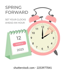 Daylight saving time concept banner. Spring forward time. Allarm clock and calendar. Vector illustration