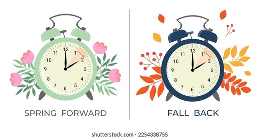 Daylight saving time concept banner. Spring forward and fall back time.  Allarm clock with flowers and leaves. Vector illustration - Shutterstock ID 2254338755