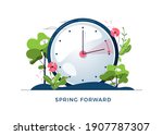Daylight Saving Time concept. The clocks moves forward one hour. Floral landscape with text Spring Forward, the hand of the clocks turning to summer time, for website design. Flat vector illustration