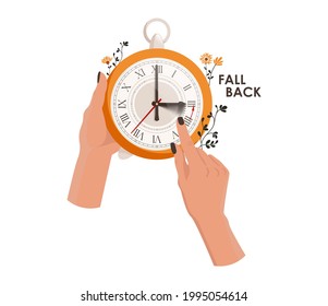 Daylight saving time concept. The clocks moves forward one hour to daylight-saving time. Fall back. Hands move the clock hand