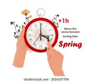 Daylight saving time concept. The clocks moves forward one hour to daylight-saving time. Fall back. Hands move the clock hand