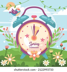 Daylight Saving Time concept. The clocks moves forward one hour. Floral landscape with text Spring Forward, the hand of the clocks turning to summer time, for website design. Flat vector illustration