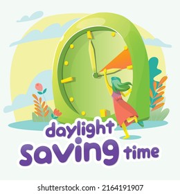 Daylight Saving Time concept. The clocks moves forward one hour. Floral landscape with text Spring Forward, the hand of the clocks turning to summer time, for website design. Flat vector illustration