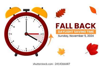 Daylight saving time concept. Clocks are set one hour back. Fall back, winter time web banner. Vector illustration