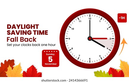Daylight saving time concept. Clocks are set one hour back. Fall back, winter time web banner. Vector illustration