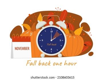 Daylight saving time concept. Fall back one hour. Colorful poster with clock, calendar, autumn leaves and pumpkins. Decrease or increase daytime. Cartoon contemporary flat vector illustration