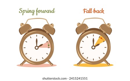 Daylight Saving Time concept. Fall back and Spring forward. Clocks hand turning to summer and winter time for website. Graphic minimalist vector illustration with alarm isolated on white background.