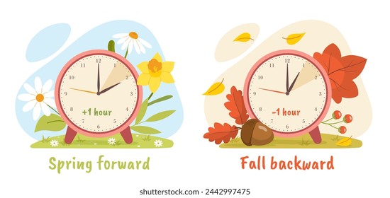 Concepto de horario de verano. Infografía y materiales educativos. Primavera hacia adelante y caída hacia atrás de los relojes. Más y menos 1 hora. Ilustración plana del vector de la historieta aislada sobre fondo blanco