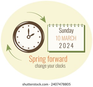 Daylight Saving Time concept on 10th March. Clocks moves ahead one hour. Spring Forward poster. Hand of alarm turning to summer time. Flat vector illustration of Springtime for web banner design.