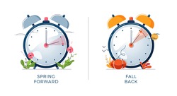Daylight Saving Time Concept. Set Of Alarm Clocks, Text Fall Back, Spring Forward. Landscapes Collection, The Clocks Turning To Summer And Winter Time For Website Design. Flat Vector Illustration